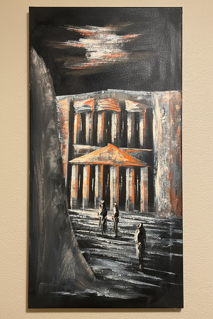 Petra at night painting displayed on sand beige plaster wall