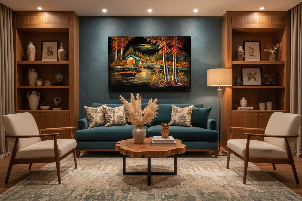 Teal boathouse canvas art in elegant luxury living room — lifestyle interior mockup