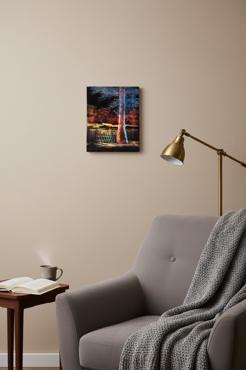 Riverside night glowing tree canvas art displayed in small cozy room lifestyle photo