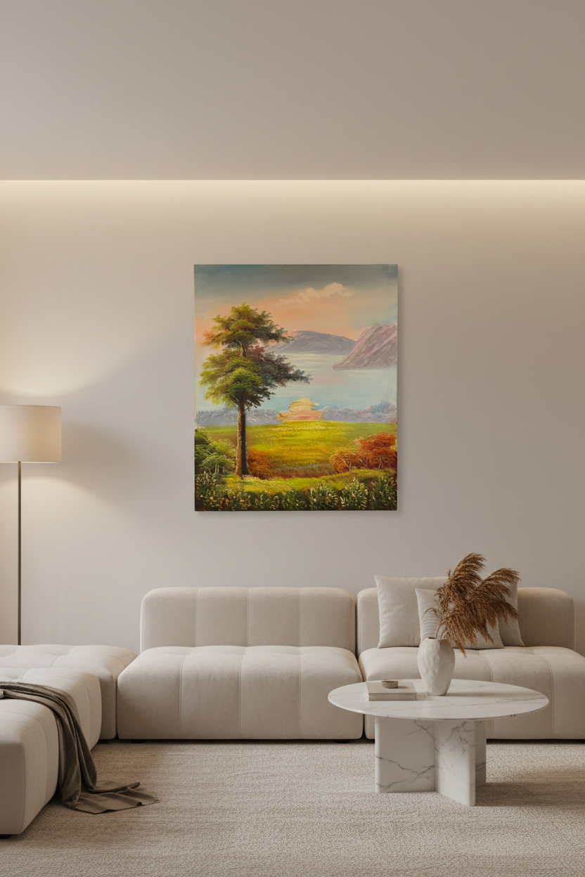 Golden meadow landscape oil painting mounted on empty wall in a modern luxury living room