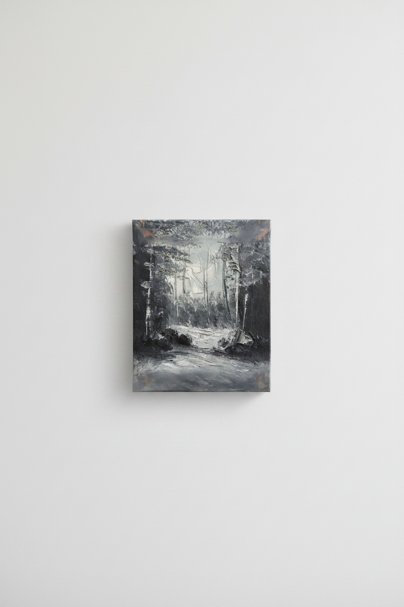 Original dark forest monochromatic impasto canvas displayed unframed on clean empty white wall