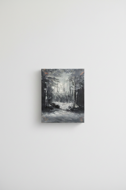 Original dark forest monochromatic impasto canvas displayed unframed on clean empty white wall