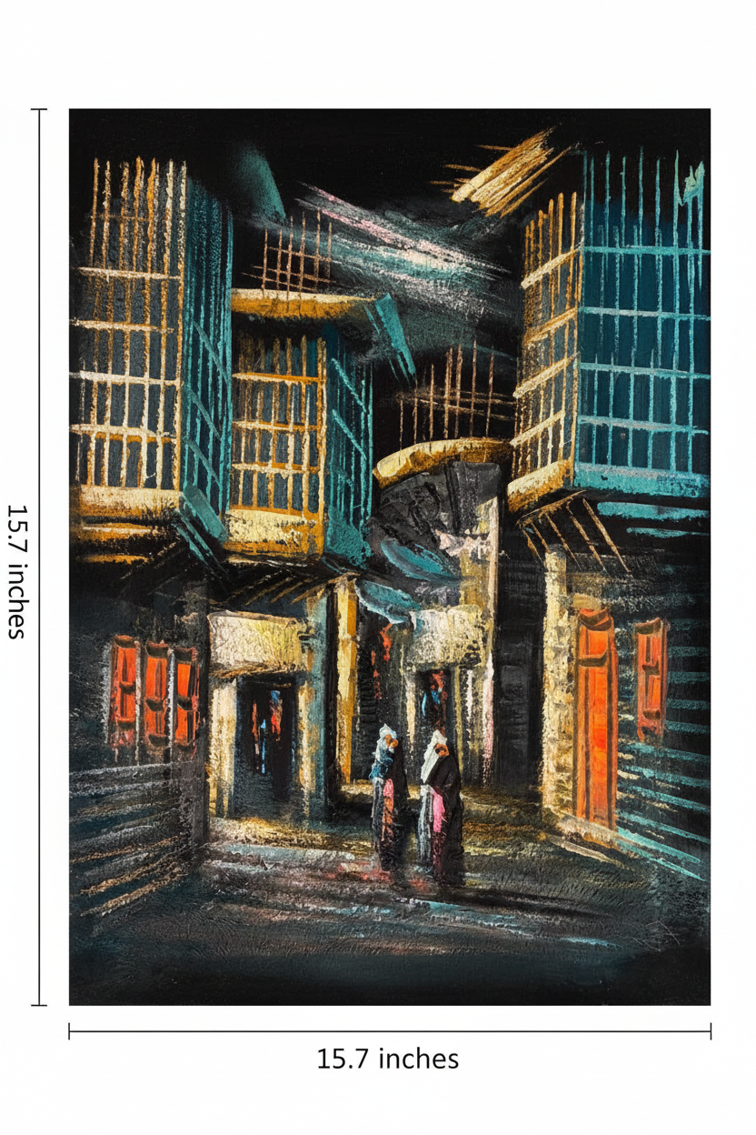 Teal & Gold Alleyway at Night oil painting flat lay with dimensions — 11.8 inches wide by 15.7 inches tall, 30x40cm portrait canvas