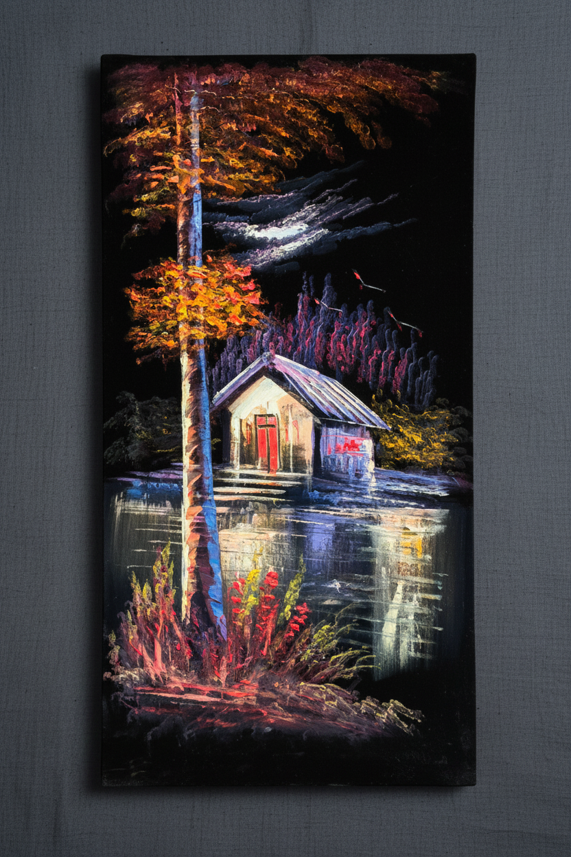 Lakeside cabin painting displayed on slate grey linen wall