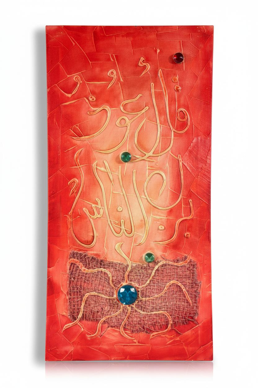 Islamic calligraphy red mixed media canvas on white background with shadow