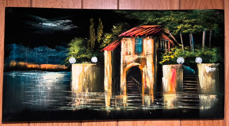 Waterfront Boathouse Villa at Night — Original Oil Painting on Canvas | 23.62" × 11.81"
