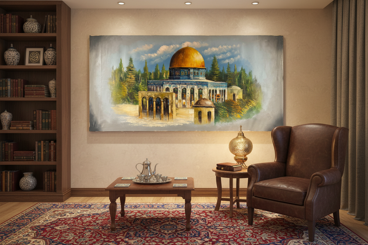 Al-Aqsa painting in elegant living room – lifestyle interior view