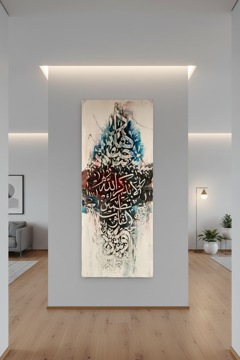 Ala Bidhikrillah Islamic calligraphy canvas wall art hung in a modern hallway, no frame, vertical format