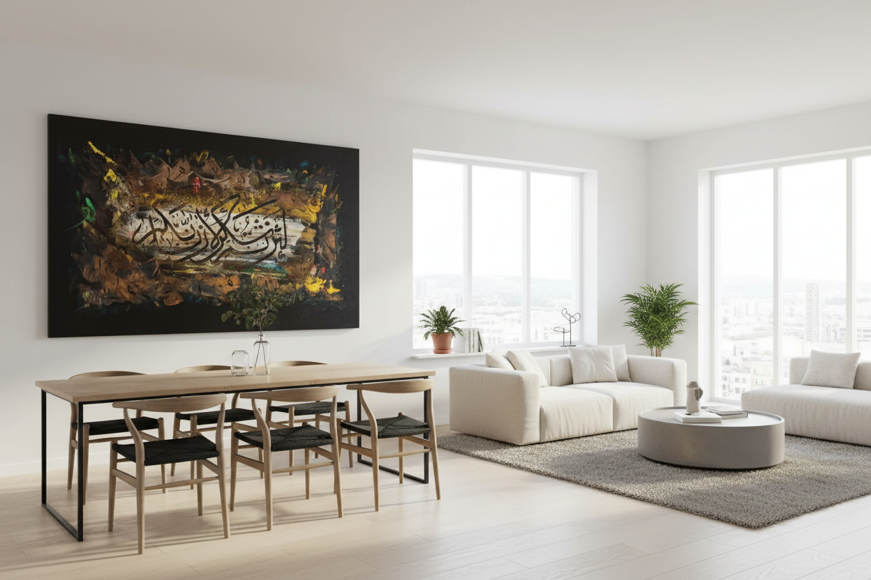 Islamic calligraphy abstract canvas wall art displayed in open dining and sitting area