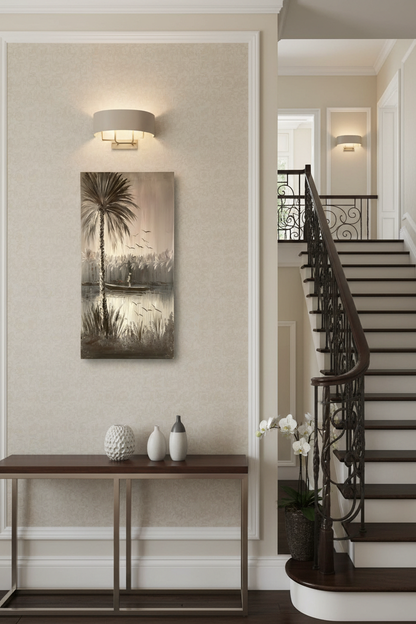 Silver Palms at Dusk oil painting mounted on staircase wall, no frame