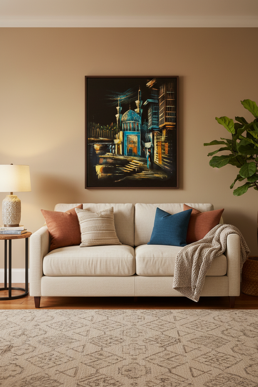 Islamic mosque night scene canvas art staged in a cozy living room sitting area above a sofa