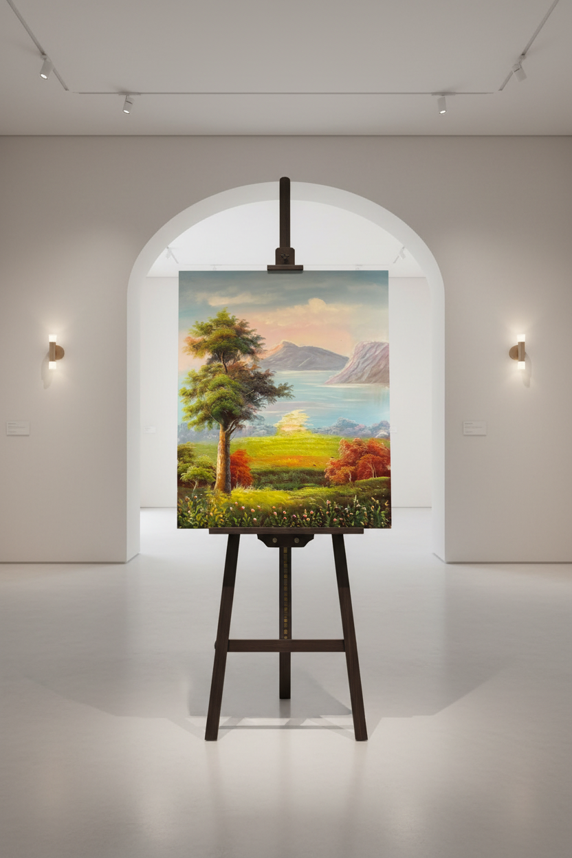 Lakeside landscape oil painting displayed on a luxury wooden gallery easel stand