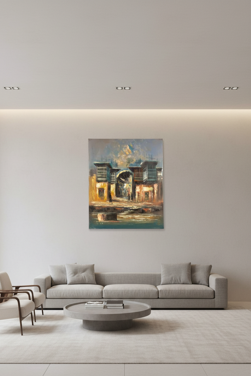 Ancient city gate oil painting mounted on empty wall in a modern luxury living room