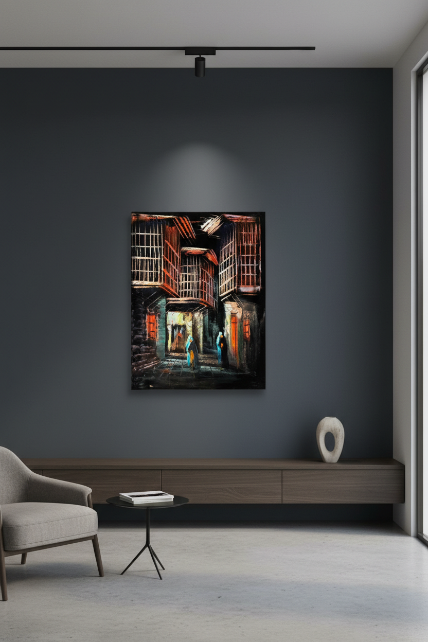 Two Figures in the Old Quarter oil painting on slate charcoal grey wall in contemporary gallery-style living room — no frame, dramatic spot lighting