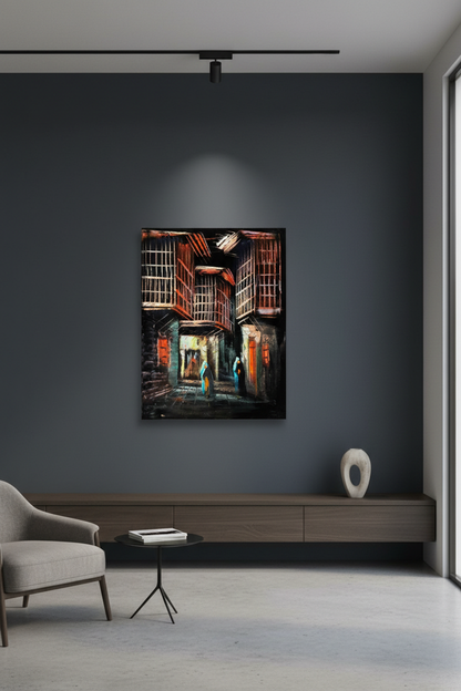 Two Figures in the Old Quarter oil painting on slate charcoal grey wall in contemporary gallery-style living room — no frame, dramatic spot lighting