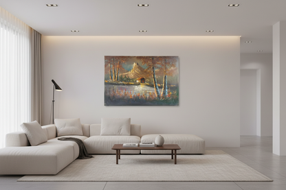 Original unframed oil painting Mountain Retreat hung on empty wall in a modern minimalist living room showing true scale