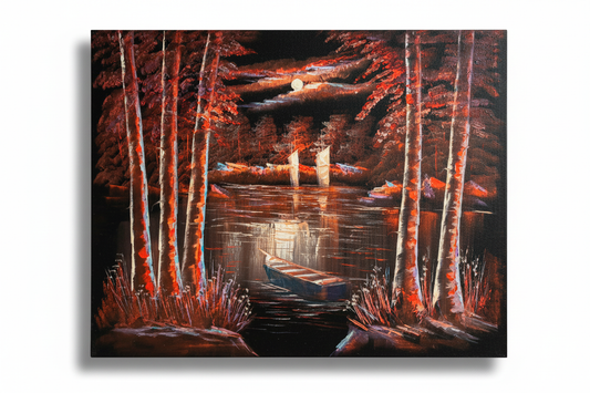 Moonlit Autumn Lake original oil painting on white background with shadow — 39.4 x 31.5 inches canvas art