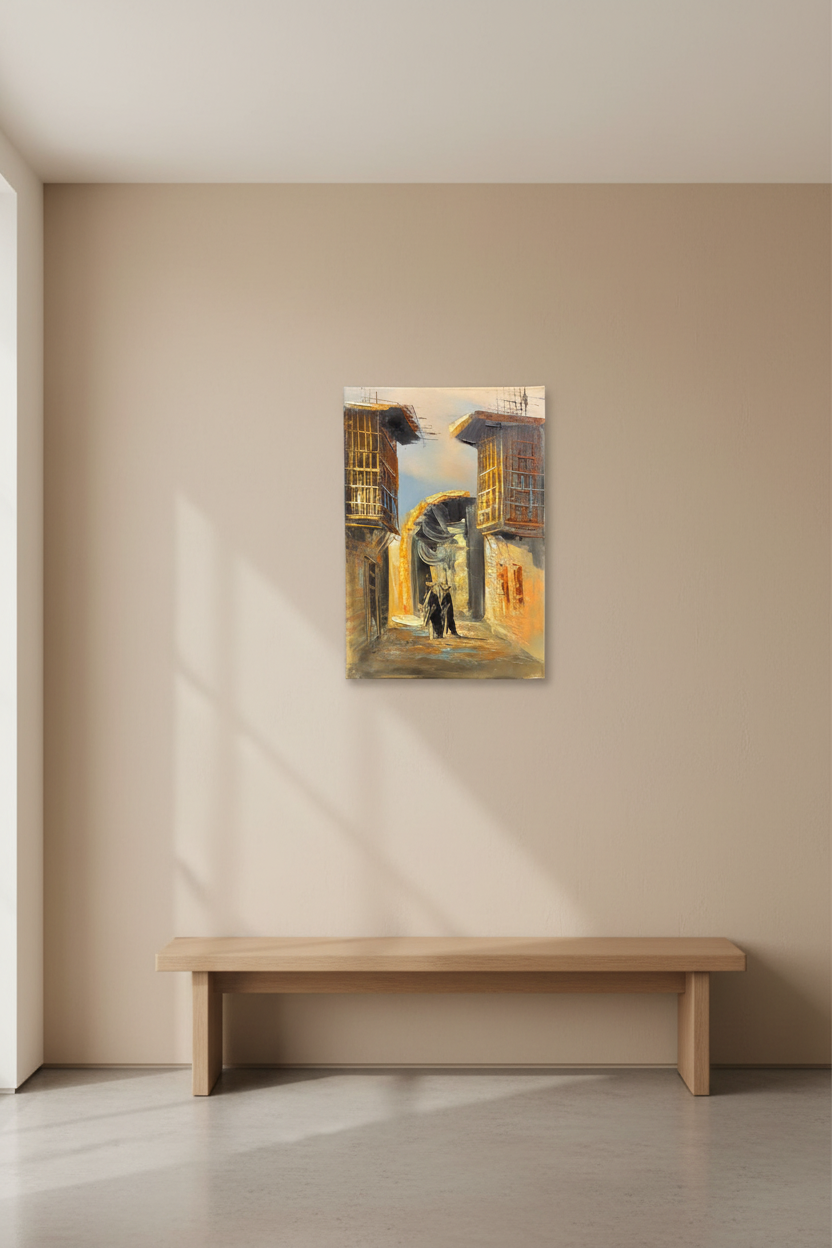Under the arch old town oil painting hung on empty wall – frameless display