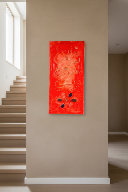 Islamic calligraphy orange-red canvas on staircase wall