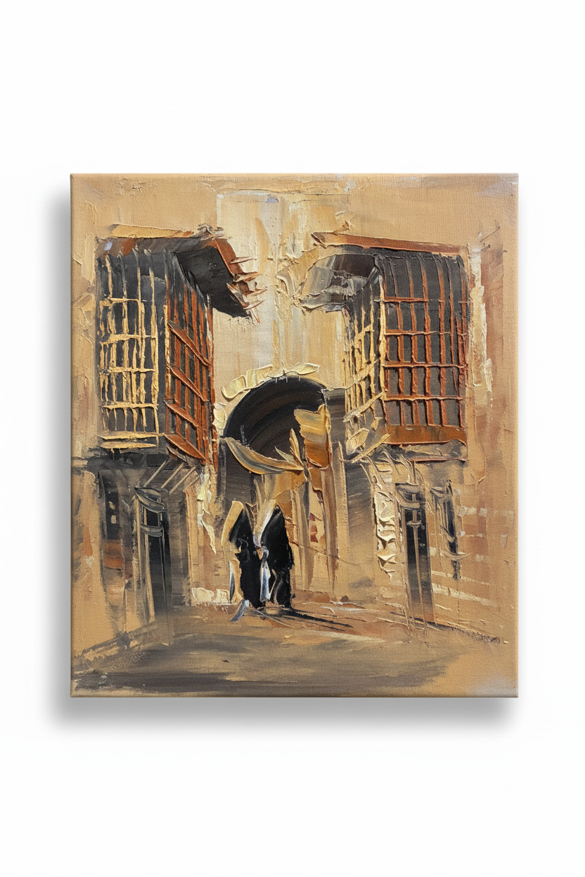 Historic alleyway impasto oil painting isolated on white background with soft drop shadow — no frame