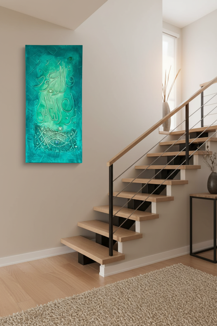 Islamic calligraphy teal green canvas on staircase wall