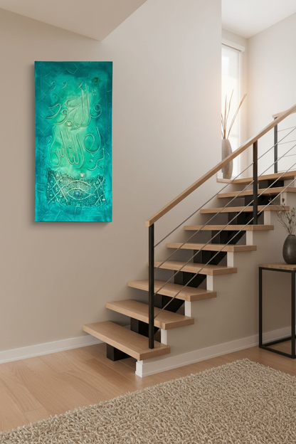 Islamic calligraphy teal green canvas on staircase wall