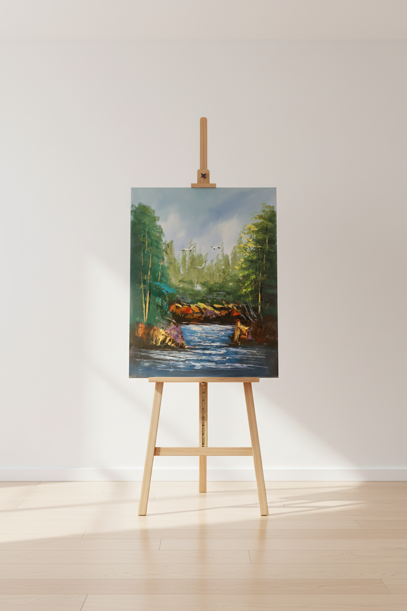 Forest river painting displayed on wooden easel stand in minimalist studio