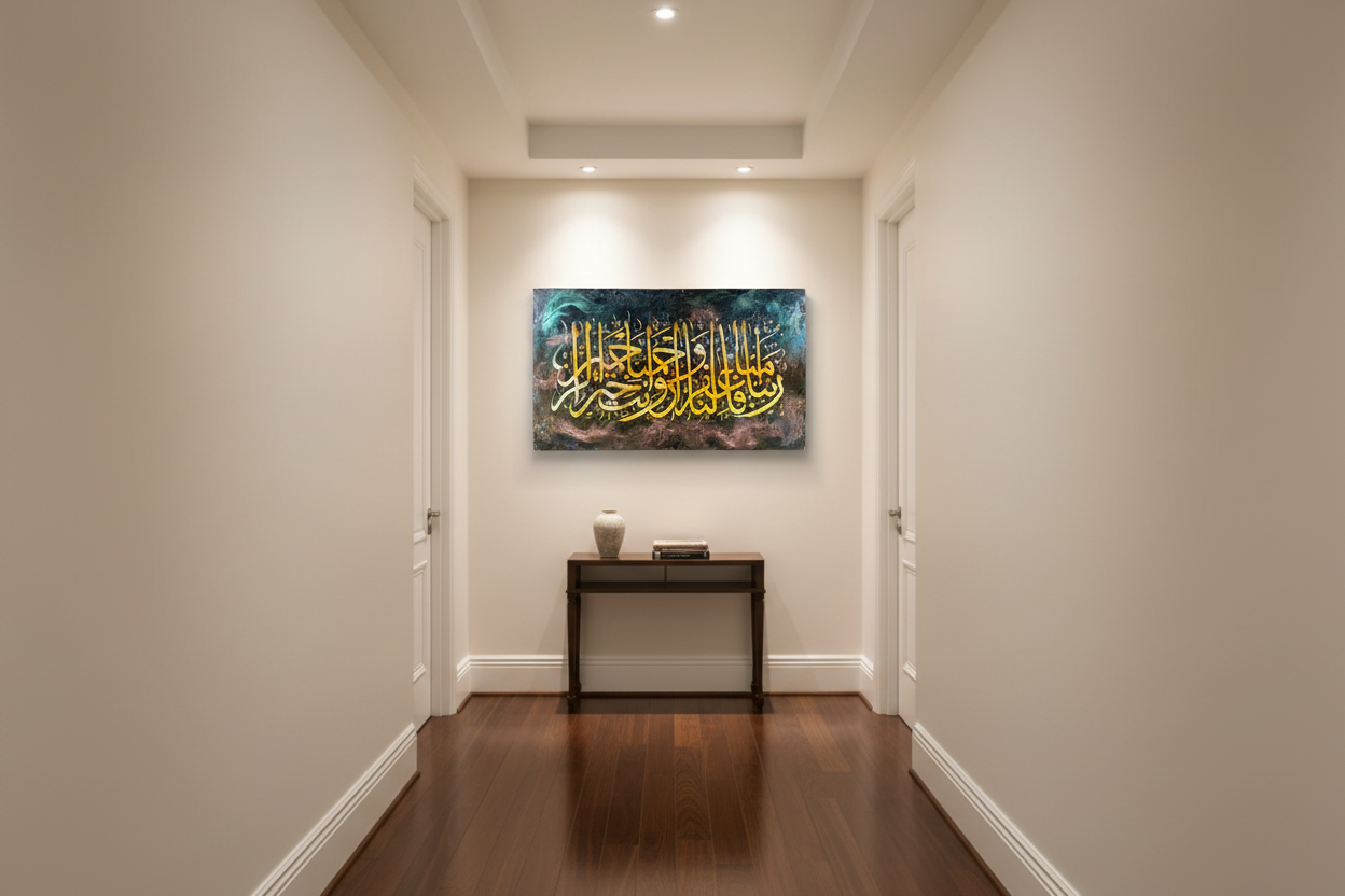 Rabbana Faghfir Lana canvas displayed in an elegant hallway