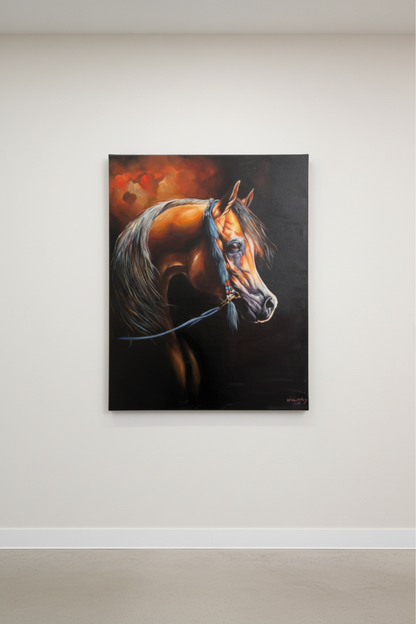 Arabian horse portrait canvas centered on a clean empty hallway wall