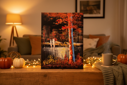 Autumn forest lake night canvas art propped on rustic wooden shelf in cozy autumn inspired living room lifestyle photo