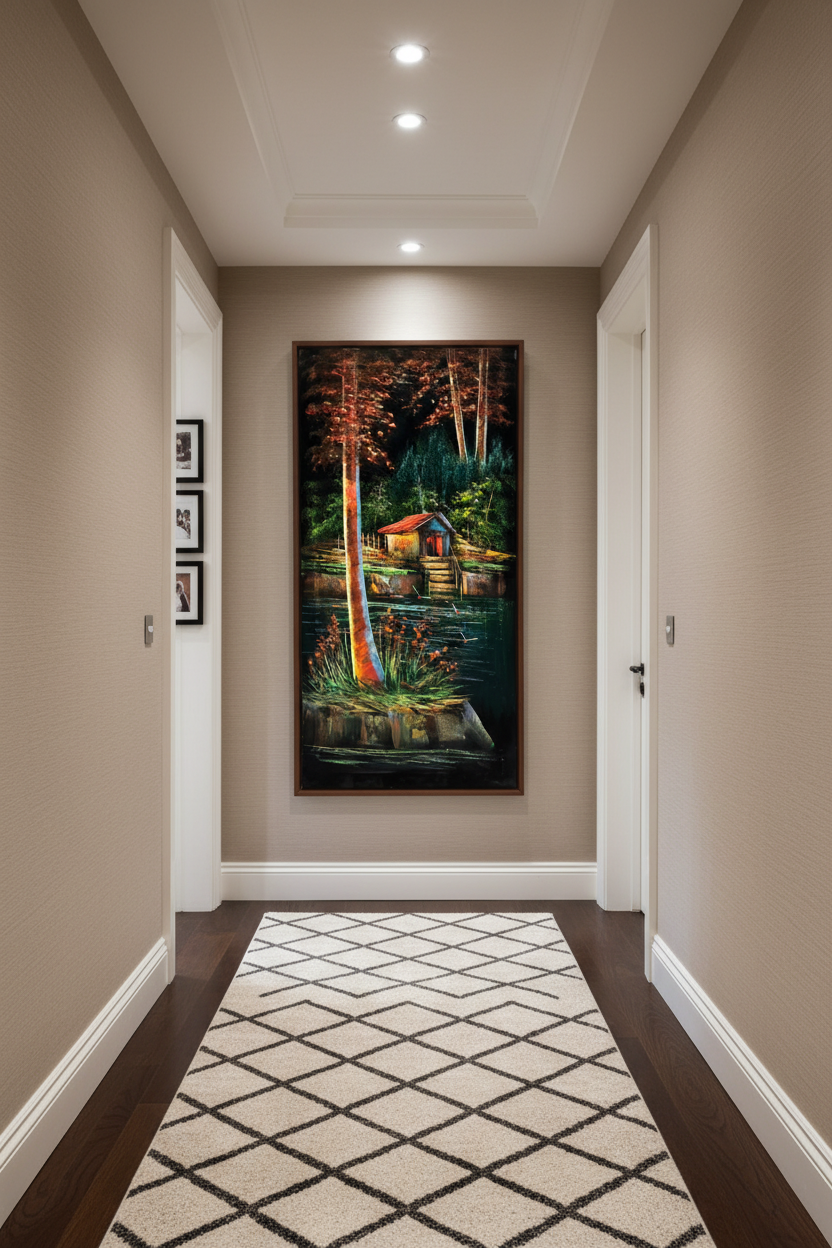 Lakeside cabin painting displayed in elegant hallway interior