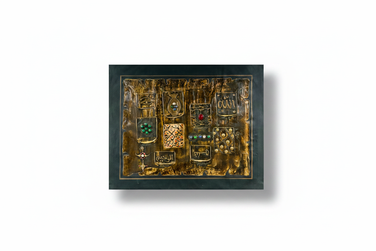 Islamic mixed media relief art on white background with shadow, no frame – product shot
