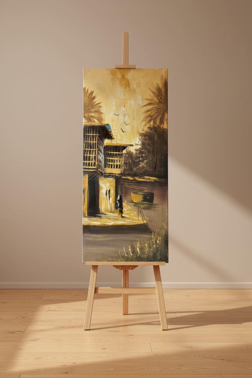 Original oil painting displayed upright on a wooden art easel stand in a warm studio setting, no frame