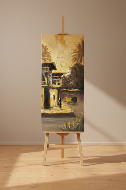 Original oil painting displayed upright on a wooden art easel stand in a warm studio setting, no frame