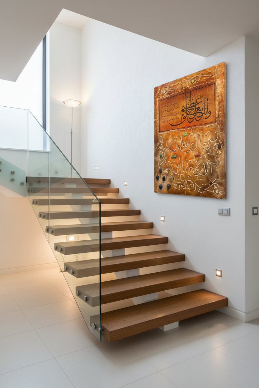 Copper amber Quranic calligraphy gemstone panel mounted on staircase wall in elegant home interior