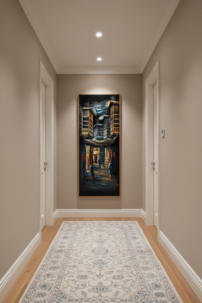 Old city alley painting displayed in elegant hallway interior