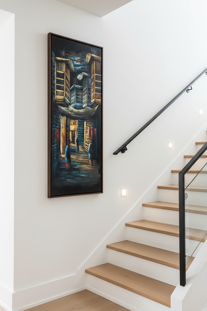 Old city alley painting displayed on staircase wall in luxury home interior
