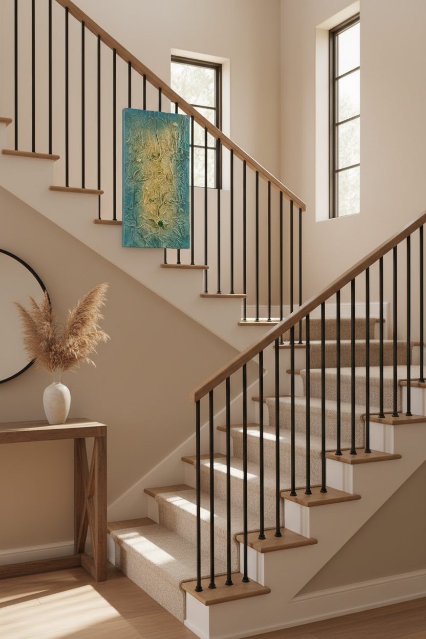 Islamic calligraphy teal aqua golden canvas on staircase wall