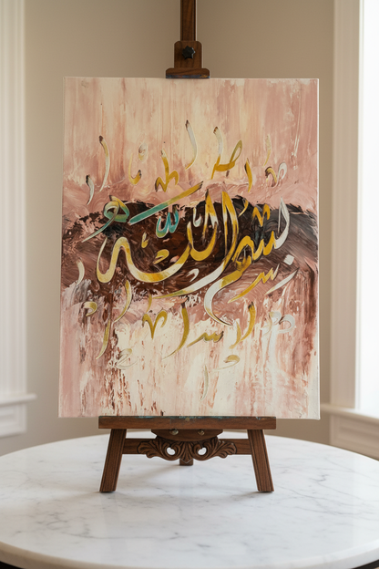 Bismillah rose Arabic calligraphy canvas art on a wooden easel display stand, portrait orientation, no frame gallery wrap, luxury home decor
