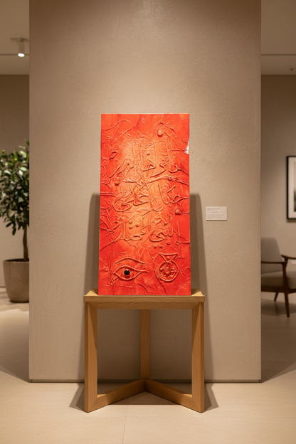 Islamic calligraphy red sculptural canvas displayed on art stand