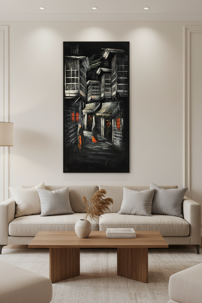 Midnight alley painting displayed as statement piece in luxury living room