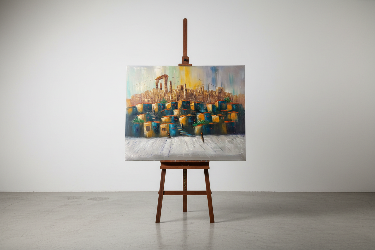 City of Gold original oil painting displayed on a wooden easel art stand — frameless gallery presentation