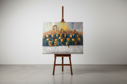 City of Gold original oil painting displayed on a wooden easel art stand — frameless gallery presentation