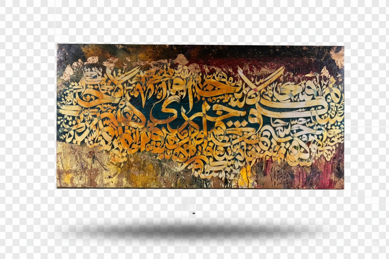 Abstract Arabic Calligraphy Canvas Wall Art – Gold & Dark Mixed Media | 47.24" × 23.62" (120cm × 60cm)
